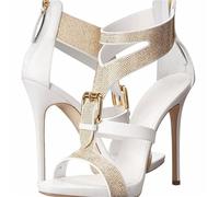 ERHTGUO Summer Round-toe Patent Leather Rhinestone Rivet Waterproof Table Sandals Thin High-heeled Banquet Dress Large Size Women's Shoe(WHITE,40)