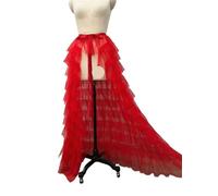 ERHTGUO White Ruffled Tiered Tulle Over Wrap Skirts Women Sheer Mesh Maxi Skirt Low Long Beach Bridal(Red,M)