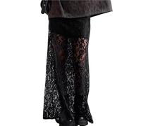 ERHTGUO Women Fairy Lace Maxi Skirt Vintage Sheer Mesh Floral Bodycon Long Sexy See-Through Half Slip Skirts(Black,S)