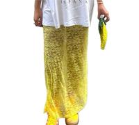 ERHTGUO Women Fairy Lace Maxi Skirt Vintage Sheer Mesh Floral Bodycon Long Sexy See-Through Half Slip Skirts(Yellow,M)