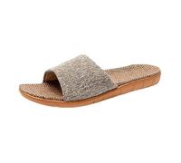 ERHTGUO Zapatillas de lino transpirables for mujer, suela suave for interiores for todas las estaciones, sandalias simples y versátiles for uso en el hogar(Solid beige,37-38)
