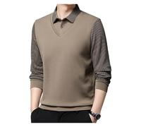 ERICAT Fastoneby Men'S Faux Two-Piece Long Sleeve Top, Men'S Striped Lapel Fake Two-Piece Shirt(Khaki,4XL)