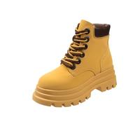 ERICAT Fondo Grueso Guapo Botas de Motorista Cómodo Aumento de Altura Botas Cortas Otoño e Invierno Cuero Suave Negro Botas de Mujer con Cordones Botas de Media Pantorrilla