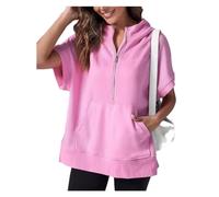 ERICAT Oversized Casual Half Zip Short Sleeve Pullover Tops,Half Zip Sweatshirt Short Sleeve Hoodies For Women(Pink,2XL)