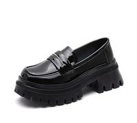 ERICAT Suela Gruesa Lefou Zapatos Mujer Primavera y otoño Grueso con Negro pequeños Zapatos de Cuero Charol otoño e Invierno Zapatos Individuales Cabeza Redonda Tacones Altos