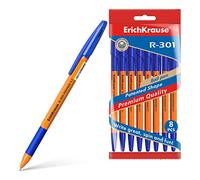 Erich Krause Bolígrafo de 0,35 mm, 8 unidades, color azul, escritura fácil y suave, forma delgada, accesorios de escritorio y Kullis, con mango de goma, R-301 naranja