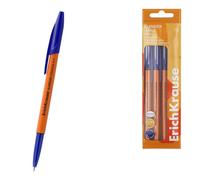 Erich Krause Slender Orange Stick - Juego de 4 bolígrafos de 0,26 mm, color de la tinta azul, escritura fácil y suave, forma delgada y carcasa gris, accesorios de escritorio
