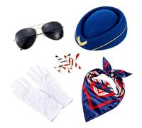 ericotry Conjunto de 5 piezas de disfraz de azafata para mujer, sombrero de azafata, bufanda, broche, gafas de sol, guantes para anfitriona de aire, Halloween, cosplay, accesorios azul