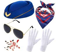 ericotry Juego de 5 piezas de disfraz de azafata para mujer, sombrero de azafata, bufanda, broche, gafas de sol, guantes para anfitriona de aire, accesorios de cosplay de Halloween
