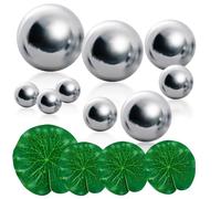 Ericrise 9 Pcs Bolas de Jardín de Espejo con 4 Hojas de Loto Flotantes, 20-100mm, Acero Inoxidable Plateado, Decoración para Estanques, Fuentes y Jardines