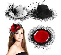 ERINGOGO 3 Piezas Fascinadores con Lazo y Malla de Pequeños Sombreros Formales para Bodas Fiestas de Té y Eventos Accesorios para Cabello Rojo y Negro