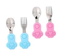 ERINGOGO 4piezas Cubertería Infantil De Acero Inoxidable Mangos De Silicona Para Bebés Tenedor y Cuchara Diseño De Caricatura y Ergonómico Para Facilitar El Aprendizaje Alimentación