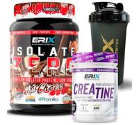 ERIX Nutrición ISO Zero 900g + Creatina Monohidrato 300g Neutra + Shaker Negro, Proteína Aislada de Suero CFM, Alta Pureza, Bajo en Grasa y Lactosa para Rendimiento Muscular (Nut Choco)