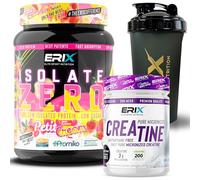 ERIX Nutrición ISO Zero 900g + Creatina Monohidrato 300g Neutra + Shaker Negro, Proteína Aislada de Suero CFM, Alta Pureza, Bajo en Grasa y Lactosa para Rendimiento Muscular (Fresa con Plátano)