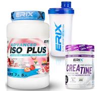 ERIX Nutrición Pack ISO Advanced Plus 1kg+ Creatina Monohidrato 300g+ Shaker, Proteína Aislada Isolate para Recuperación y Crecimiento Muscular, Musculación (Fresa)