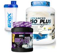 ERIX Nutrición Pack ISO Advanced Plus 2Kg Sabor Galleta Negra de Chocolate+ Creatina Creapure 500g Neutr Shaker Blanco, Proteína con Lactomin y DigeZyme para Aumento Volumen, Recuperación Muscular