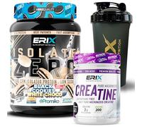 ERIX Nutrición Pack ISO Zero 900g + Creatina Monohidrato 300g Neutra + Shaker Negro, Proteína Aislada de Suero CFM, Bajo en Grasa para Rendimiento Muscular (Galleta Negra con Chocolate Blanco)