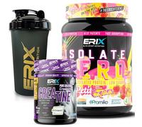 ERIX Nutrición Pack ISO Zero Promiko 900g + Creatina Creapure 300g + Shaker Negro, Proteína Aislada de Suero Alta Pureza con Enzimas DigeZyme, Recuperación, Volumen Muscular (Fresa con Plátano)