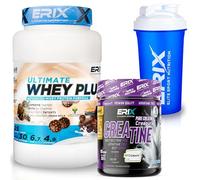 ERIX Nutrición Pack Musculación Whey Ultimate Plus 1Kg+ Creatina Creapure Neutra 300g+ Shaker, Proteína Suero de Leche para Rendimiento Deportivo y Volumen Muscular (Bombón hazelnut)