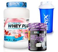ERIX Nutrición Pack Musculación Whey Ultimate Plus 1Kg+ Creatina Creapure Neutra 300g+ Shaker, Proteína Suero de Leche para Rendimiento Deportivo y Volumen Muscular (Fresa)