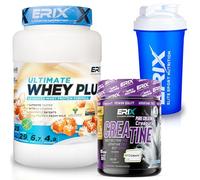 ERIX Nutrición Pack Musculación Whey Ultimate Plus 1Kg+ Creatina Creapure Neutra 300g+ Shaker, Proteína Suero de Leche para Rendimiento Deportivo y Volumen Muscular (Caramelo salado)