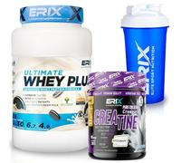 ERIX Nutrición Pack Musculación Whey Ultimate Plus 1Kg+ Creatina Creapure Neutra 300g+ Shaker, Proteína Suero de Leche para Rendimiento Deportivo y Volumen Muscular (Galleta negra)