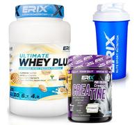 ERIX Nutrición Pack Musculación Whey Ultimate Plus 1Kg+ Creatina Creapure Neutra 300g+ Shaker, Proteína Suero de Leche para Rendimiento Deportivo y Volumen Muscular (Galleta)