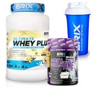ERIX Nutrición Pack Musculación Whey Ultimate Plus 1Kg+ Creatina Creapure Neutra 300g+ Shaker, Proteína Suero de Leche para Rendimiento Deportivo y Volumen Muscular (Vainilla)