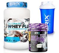 ERIX Nutrición Pack Musculación Whey Ultimate Plus 1Kg+ Creatina Creapure Neutra 300g+ Shaker, Proteína Suero de Leche para Rendimiento Deportivo y Volumen Muscular (Chocolate coco)