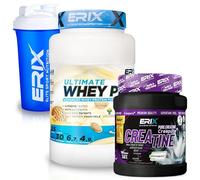 ERIX Nutrición Pack Musculación Whey Ultimate Plus 1Kg+ Creatina Creapure Neutra 500g+ Shaker, Proteína Suero de Leche para Rendimiento Deportivo y Volumen Muscular (Galleta)