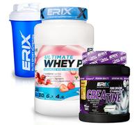 ERIX Nutrición Pack Musculación Whey Ultimate Plus 1Kg+ Creatina Creapure Neutra 500g+ Shaker, Proteína Suero de Leche para Rendimiento Deportivo y Volumen Muscular (Fresa)