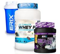 ERIX Nutrición Pack Musculación Whey Ultimate Plus 1Kg+ Creatina Creapure Neutra 500g+ Shaker, Proteína Suero de Leche para Rendimiento Deportivo y Volumen Muscular (Galleta negra)