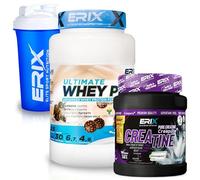 ERIX Nutrición Pack Musculación Whey Ultimate Plus 1Kg+ Creatina Creapure Neutra 500g+ Shaker, Proteína Suero de Leche para Rendimiento Deportivo y Volumen Muscular (Bombón hazelnut)