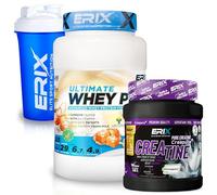 ERIX Nutrición Pack Musculación Whey Ultimate Plus 1Kg+ Creatina Creapure Neutra 500g+ Shaker, Proteína Suero de Leche para Rendimiento Deportivo y Volumen Muscular (Caramelo salado)