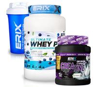 ERIX Nutrición Pack Musculación Whey Ultimate Plus 1Kg+ Creatina Creapure Neutra 500g+ Shaker, Proteína Suero de Leche para Rendimiento Deportivo y Volumen Muscular (Yogur arándanos)