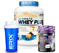 ERIX Nutrición Pack Musculación Whey Ultimate Plus 2Kg+ Creatina Creapure Neutra 300g+ Shaker, Proteína Suero de Leche para Rendimiento Deportivo y Volumen Muscular (Choco caramelo)