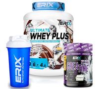 ERIX Nutrición Pack Musculación Whey Ultimate Plus 2Kg+ Creatina Creapure Neutra 300g+ Shaker, Proteína Suero de Leche para Rendimiento Deportivo y Volumen Muscular (Chocolate coco)