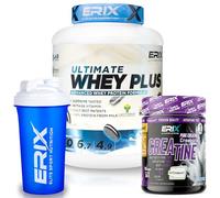 ERIX Nutrición Pack Musculación Whey Ultimate Plus 2Kg+ Creatina Creapure Neutra 300g+ Shaker, Proteína Suero de Leche para Rendimiento Deportivo y Volumen Muscular (Galleta negra)