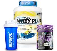 ERIX Nutrición Pack Musculación Whey Ultimate Plus 2Kg+ Creatina Creapure Neutra 300g+ Shaker, Proteína Suero de Leche para Rendimiento Deportivo y Volumen Muscular (Vainilla)