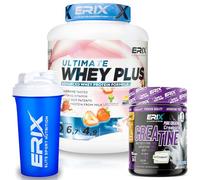 ERIX Nutrición Pack Musculación Whey Ultimate Plus 2Kg+ Creatina Creapure Neutra 300g+ Shaker, Proteína Suero de Leche para Rendimiento Deportivo y Volumen Muscular (Fresa)