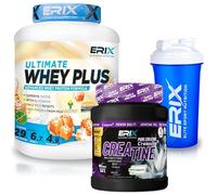 ERIX Nutrición Pack Musculación Whey Ultimate Plus 2Kg+ Creatina Creapure Neutra 500g+ Shaker Azul, Proteína Suero de Leche para Rendimiento Deportivo y Volumen Muscular (Caramelo Salado)