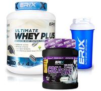 ERIX Nutrición Pack Musculación Whey Ultimate Plus 2Kg+ Creatina Creapure Neutra 500g+ Shaker Azul, Proteína Suero de Leche para Rendimiento Deportivo y Volumen Muscular (Galleta Negra de Chocolate)