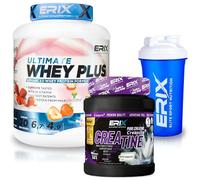 ERIX Nutrición Pack Musculación Whey Ultimate Plus 2Kg+ Creatina Creapure Neutra 500g+ Shaker Azul, Proteína Suero de Leche para Rendimiento Deportivo y Volumen Muscular (Fresa)