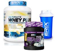 ERIX Nutrición Pack Musculación Whey Ultimate Plus 2Kg+ Creatina Creapure Neutra 500g+ Shaker Azul, Proteína Suero de Leche para Rendimiento Deportivo y Volumen Muscular (Galleta)