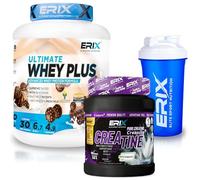ERIX Nutrición Pack Musculación Whey Ultimate Plus 2Kg+ Creatina Creapure Neutra 500g+ Shaker Azul, Proteína Suero de Leche para Rendimiento Deportivo y Volumen Muscular (Bombón Hazelnut)