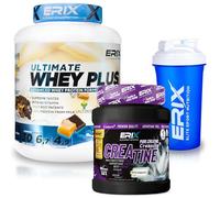 ERIX Nutrición Pack Musculación Whey Ultimate Plus 2Kg+ Creatina Creapure Neutra 500g+ Shaker Azul, Proteína Suero de Leche para Rendimiento Deportivo y Volumen Muscular (Chocolate con Caramelo)