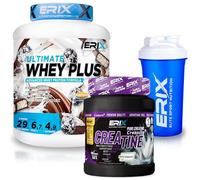 ERIX Nutrición Pack Musculación Whey Ultimate Plus 2Kg+ Creatina Creapure Neutra 500g+ Shaker Azul, Proteína Suero de Leche para Rendimiento Deportivo y Volumen Muscular (Chocolate con Coco)