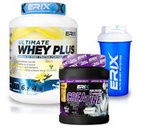 ERIX Nutrición Pack Musculación Whey Ultimate Plus 2Kg+ Creatina Creapure Neutra 500g+ Shaker Azul, Proteína Suero de Leche para Rendimiento Deportivo y Volumen Muscular (Vainilla)