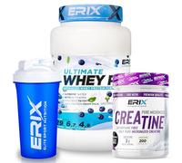ERIX Nutrición Pack Muscular: Whey Plus Ultimate 1Kg+ Creatina Monohidrato Neutra 300g+ Shaker, Proteína Concentrada de Suero Leche, Aumento de Fuerza, Rendimiento y Recuperación (Yogur+arándanos)