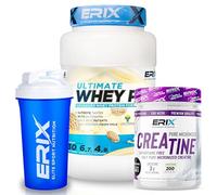 ERIX Nutrición Pack Muscular: Whey Plus Ultimate 1Kg+ Creatina Monohidrato Neutra 300g+ Shaker, Proteína Concentrada de Suero Leche, Aumento de Fuerza, Rendimiento y Recuperación (Galleta)